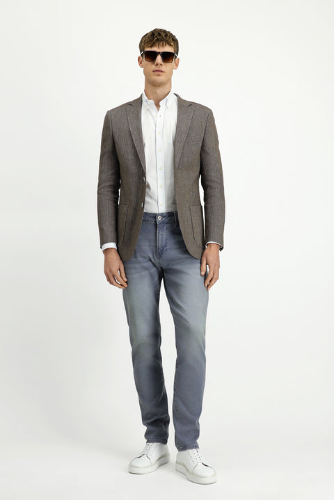 Orta Kahve 8 Drop Muscle Fit Uzun Atletik Kesim Keten Karışımlı Çizgili Spor Ceket