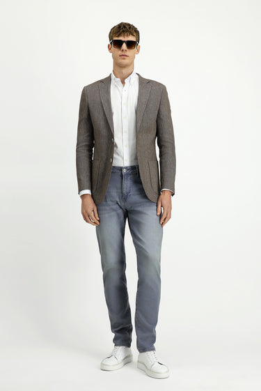 Orta Kahve Slim Fit Dar Kesim Keten Karışımlı Çizgili Spor Ceket