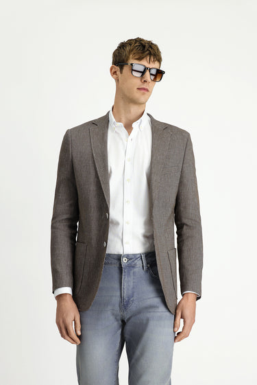 Orta Kahve Slim Fit Dar Kesim Keten Karışımlı Çizgili Spor Ceket