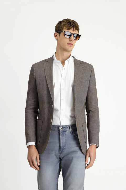 Medium Brown 6 Drop Regular Fit Linen Blend Striped Sport Jacket
