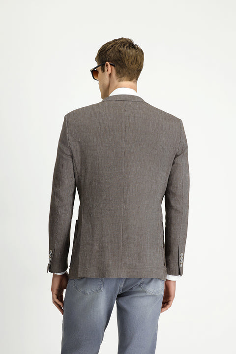 Medium Brown 6 Drop Regular Fit Linen Blend Striped Sport Jacket