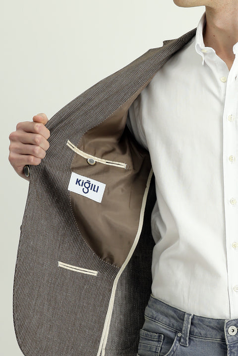 Orta Kahve 7 Drop Slim Fit Dar Kesim Keten Karışımlı Çizgili Spor Ceket