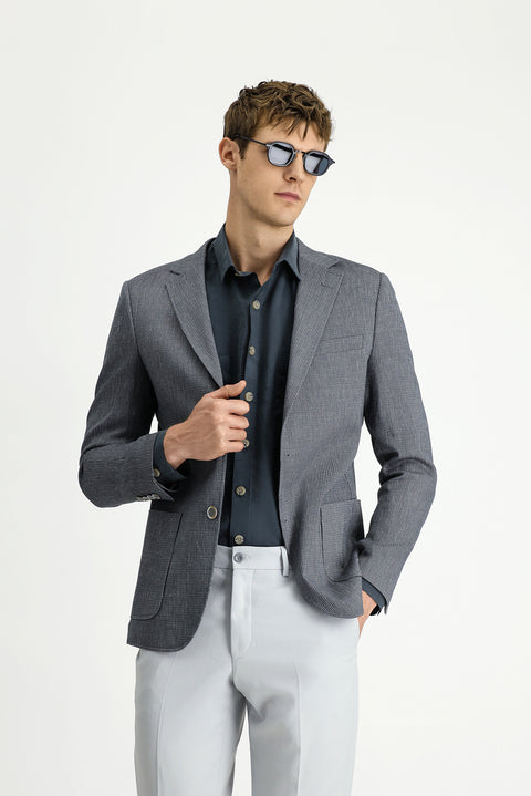 Koyu Yeşil 7 Drop Slim Fit Dar Kesim Keten Karışımlı Çizgili Spor Ceket