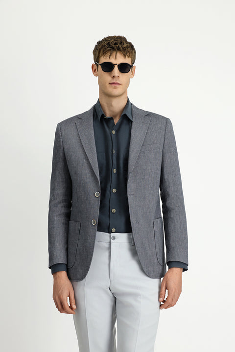 Koyu Yeşil 7 Drop Slim Fit Dar Kesim Keten Karışımlı Çizgili Spor Ceket