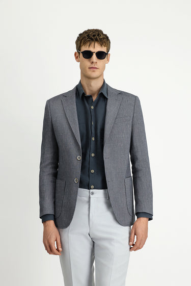  Koyu Yeşil Slim Fit Dar Kesim Keten Karışımlı Çizgili Spor Ceket