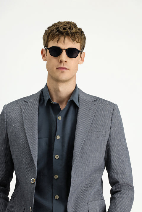 Koyu Yeşil 7 Drop Slim Fit Dar Kesim Keten Karışımlı Çizgili Spor Ceket