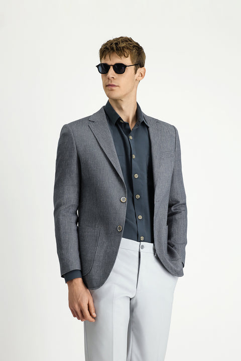 Koyu Yeşil 7 Drop Slim Fit Dar Kesim Keten Karışımlı Çizgili Spor Ceket