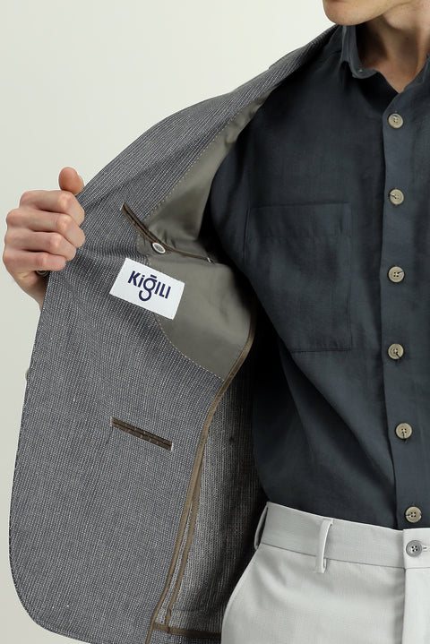 Koyu Yeşil 7 Drop Slim Fit Dar Kesim Keten Karışımlı Çizgili Spor Ceket