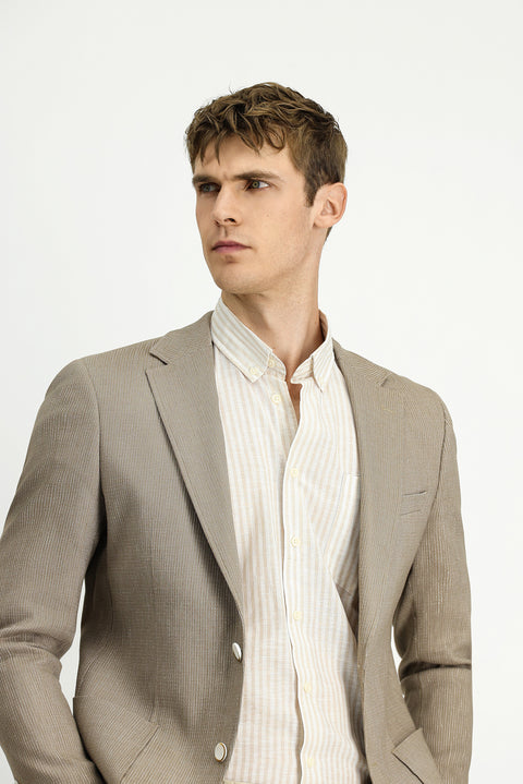 Orta Vizon 8 Drop Muscle Fit Uzun Atletik Kesim Keten Karışımlı Çizgili Spor Ceket