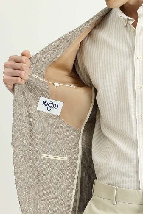 Orta Vizon 6 Drop Regular Fit Standart Kesim Keten Karışımlı Çizgili Spor Ceket