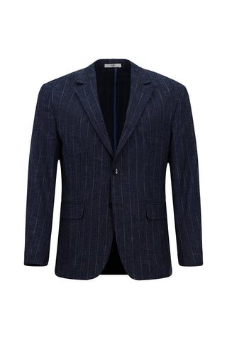  Koyu Lacivert Relaxed Fit Rahat Kesim Keten Karışımlı Çizgili Klasik Ceket