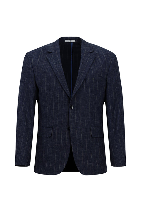 Koyu Lacivert 4 Drop Relaxed Fit Rahat Kesim Keten Karışımlı Çizgili Klasik Ceket