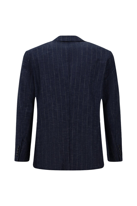 Koyu Lacivert 4 Drop Relaxed Fit Rahat Kesim Keten Karışımlı Çizgili Klasik Ceket