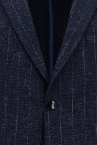  Koyu Lacivert Relaxed Fit Rahat Kesim Keten Karışımlı Çizgili Klasik Ceket