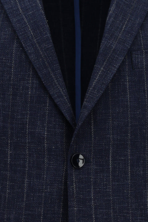 Koyu Lacivert 4 Drop Relaxed Fit Rahat Kesim Keten Karışımlı Çizgili Klasik Ceket