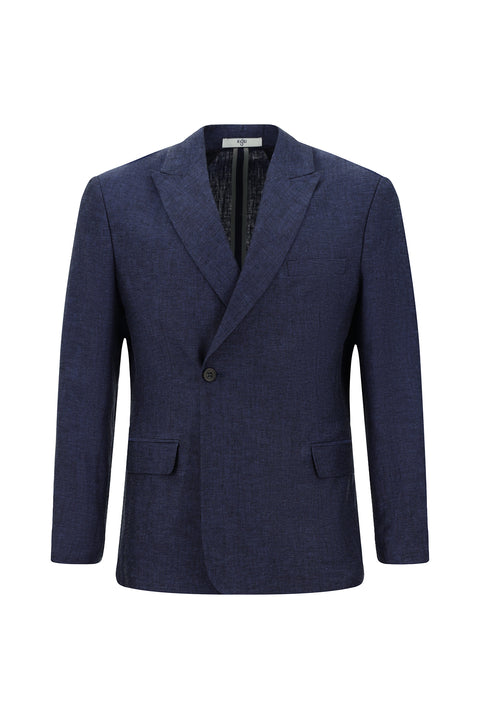 Koyu Lacivert 7 Drop Super Slim Fit Eksra Dar Kesim Çizgili Keten Karışımlı Kruvaze Ceket