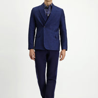 Koyu Lacivert 7 Drop Super Slim Fit Eksra Dar Kesim Çizgili Keten Karışımlı Kruvaze Ceket