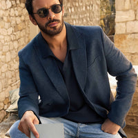 Koyu Lacivert Super Slim Fit Ekstra Dar Kesim Çizgili Keten Karışımlı Kruvaze Ceket