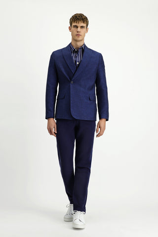  Koyu Lacivert 7 Drop Super Slim Fit Eksra Dar Kesim Çizgili Keten Karışımlı Kruvaze Ceket