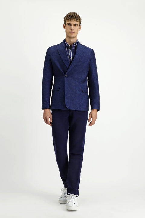 Koyu Lacivert 7 Drop Slim Fit Dar Kesim Çizgili Keten Karışımlı Kruvaze Ceket