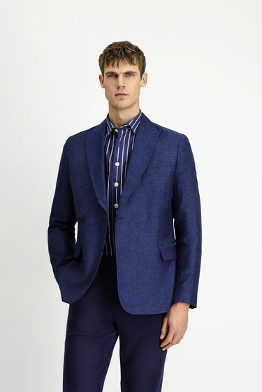 Koyu Lacivert Slim Fit Dar Kesim Çizgili Keten Karışımlı Kruvaze Ceket