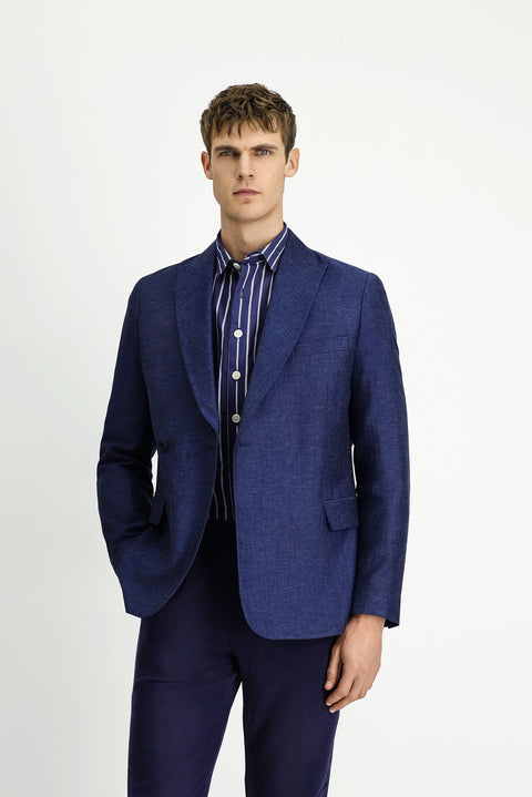 Koyu Lacivert 7 Drop Slim Fit Dar Kesim Çizgili Keten Karışımlı Kruvaze Ceket