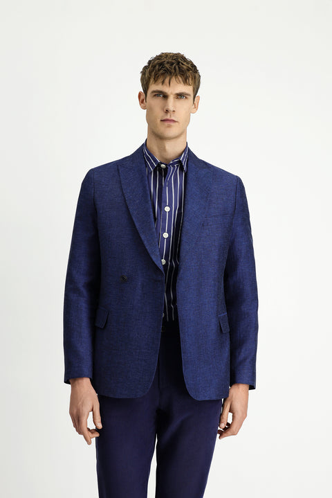 Koyu Lacivert 7 Drop Slim Fit Dar Kesim Çizgili Keten Karışımlı Kruvaze Ceket