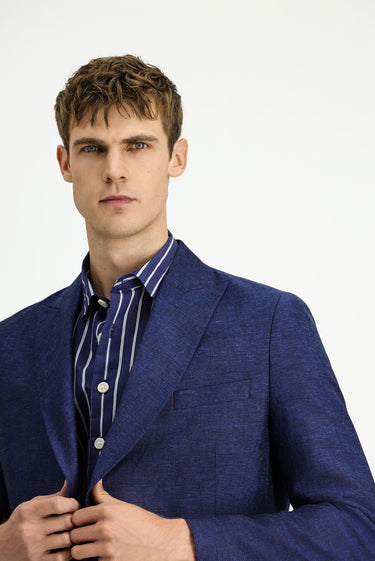 Koyu Lacivert Slim Fit Dar Kesim Çizgili Keten Karışımlı Kruvaze Ceket
