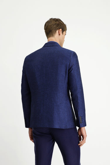 Koyu Lacivert Super Slim Fit Ekstra Dar Kesim Çizgili Keten Karışımlı Kruvaze Ceket