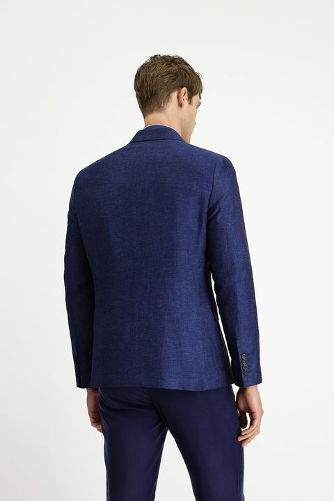 Koyu Lacivert 7 Drop Super Slim Fit Eksra Dar Kesim Çizgili Keten Karışımlı Kruvaze Ceket