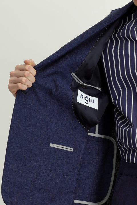 Koyu Lacivert 6 Drop Regular Fit Standart Kesim Çizgili Keten Karışımlı Kruvaze Ceket