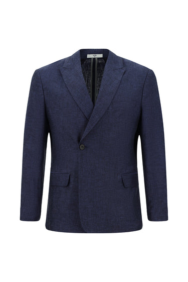 Koyu Lacivert Slim Fit Dar Kesim Çizgili Keten Karışımlı Kruvaze Ceket