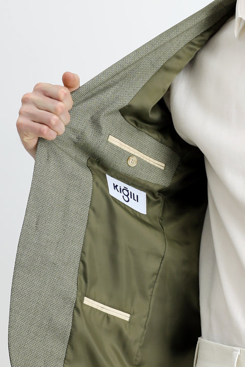 Çağla Yeşili 7 Drop Super Slim Fit Eksra Dar Kesim Klasik Desenli Ceket