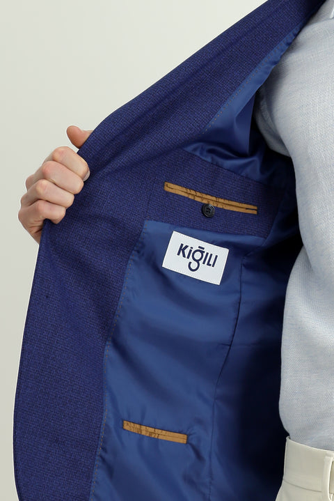 Saks Mavi 6 Drop Regular Fit Standart Kesim Klasik Desenli Ceket