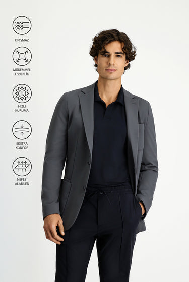  Koyu Füme Techno-Line Super Slim Fit Ekstra Dar Kesim Likralı Ceket