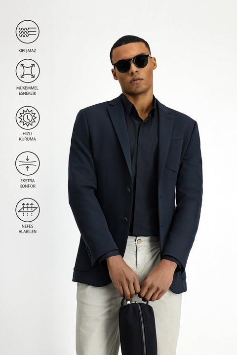 Koyu Lacivert Techno-Line 7 Drop Super Slim Fit Eksra Dar Kesim Likralı Ceket