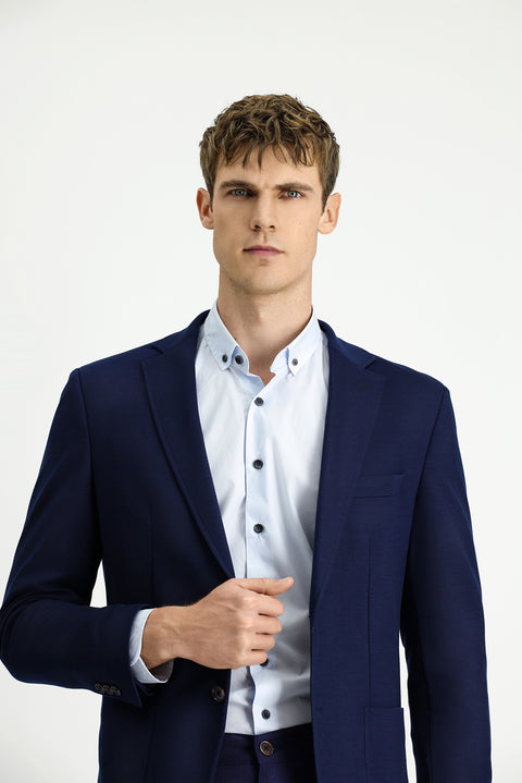 Koyu Lacivert 7 Drop Slim Fit Dar Kesim Likralı Spor Ceket