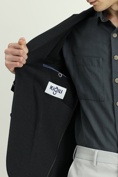 Siyah 7 Drop Slim Fit Dar Kesim Pamuklu Spor Ceket