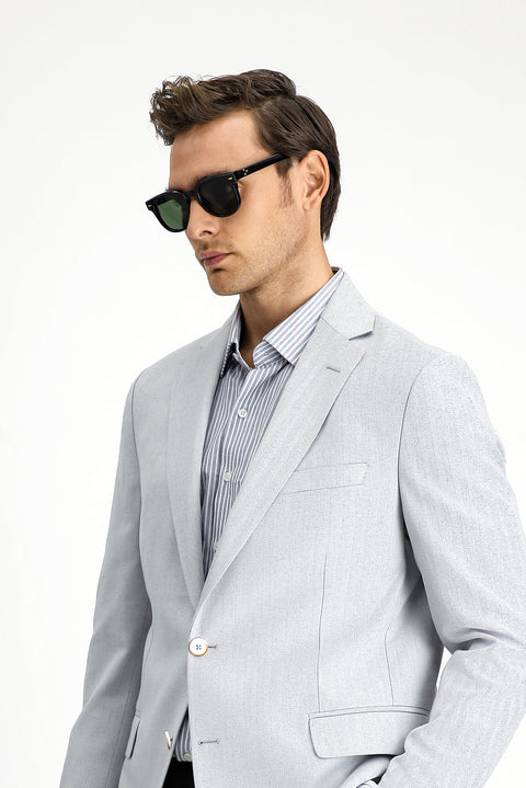 Açık Gri 4 Drop Relaxed Fit Rahat Kesim Klasik Desenli Keten Karışımlı Ceket