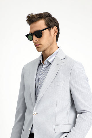  Açık Gri 4 Drop Relaxed Fit Rahat Kesim Klasik Desenli Keten Karışımlı Ceket