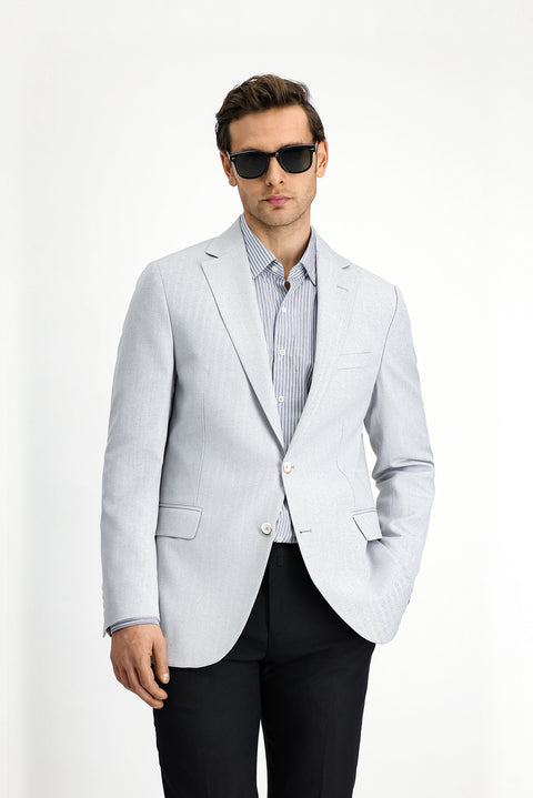 Açık Gri 4 Drop Relaxed Fit Rahat Kesim Klasik Desenli Keten Karışımlı Ceket