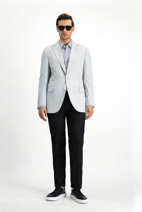 Açık Gri 4 Drop Relaxed Fit Rahat Kesim Klasik Desenli Keten Karışımlı Ceket