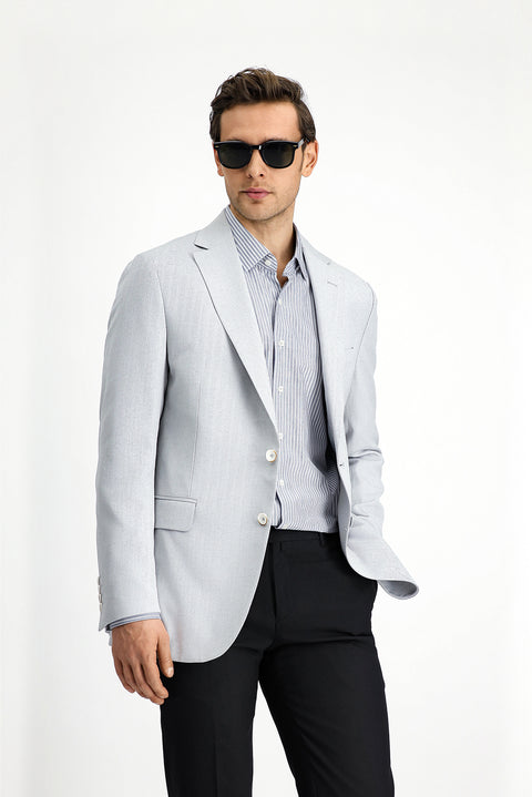 Açık Gri 4 Drop Relaxed Fit Rahat Kesim Klasik Desenli Keten Karışımlı Ceket