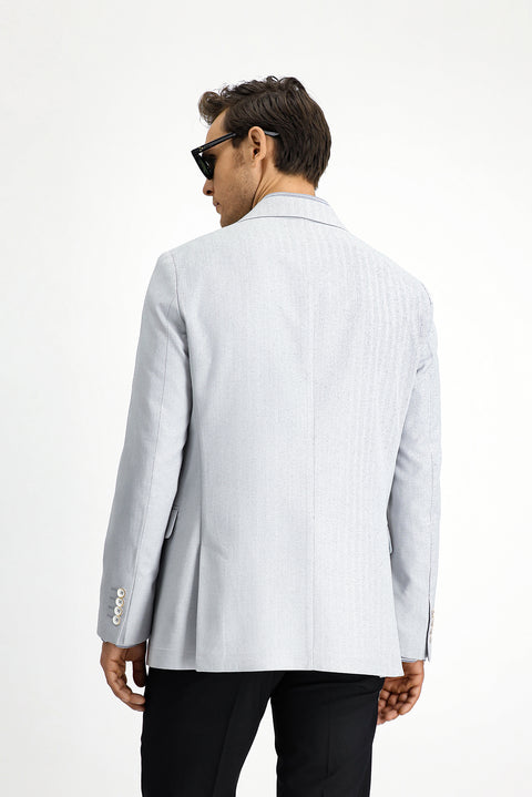 Açık Gri 4 Drop Relaxed Fit Rahat Kesim Klasik Desenli Keten Karışımlı Ceket