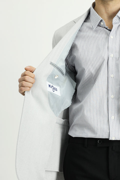 Açık Gri 4 Drop Relaxed Fit Rahat Kesim Klasik Desenli Keten Karışımlı Ceket