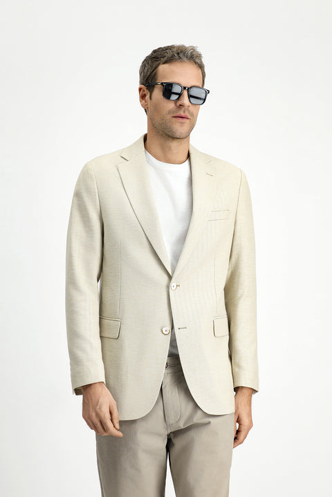 Light Beige 4-Drop Relaxed Fit Classic Patterned Linen Blend Jacket