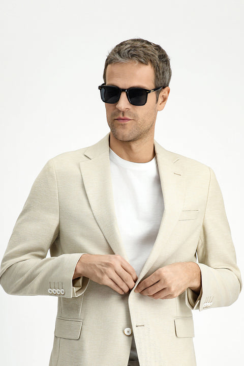 Light Beige 4-Drop Relaxed Fit Classic Patterned Linen Blend Jacket