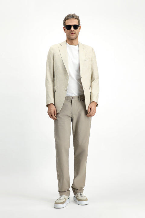 Light Beige 4-Drop Relaxed Fit Classic Patterned Linen Blend Jacket