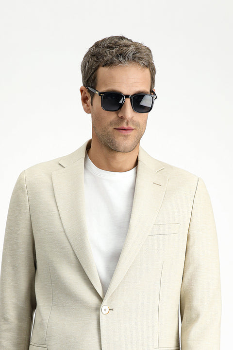 Light Beige 4-Drop Relaxed Fit Classic Patterned Linen Blend Jacket