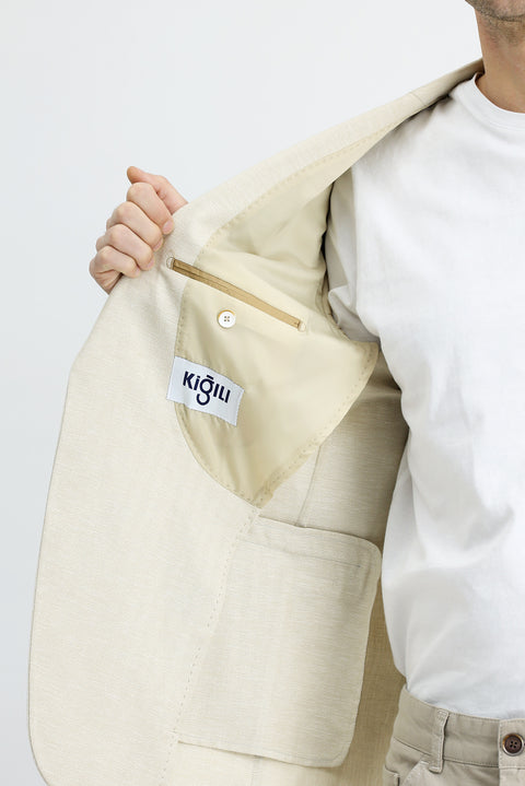 Light Beige 4-Drop Relaxed Fit Classic Patterned Linen Blend Jacket